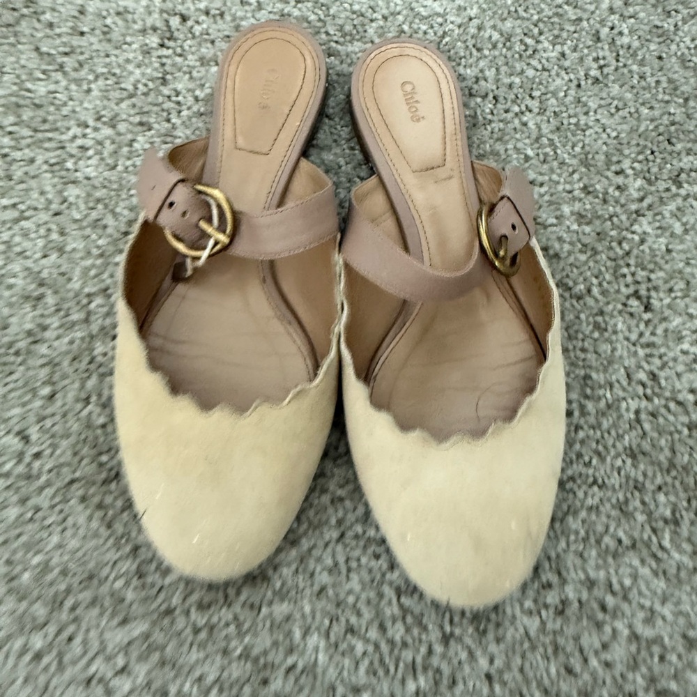 Chloe Cream and Brown Mules with Gold Buckle